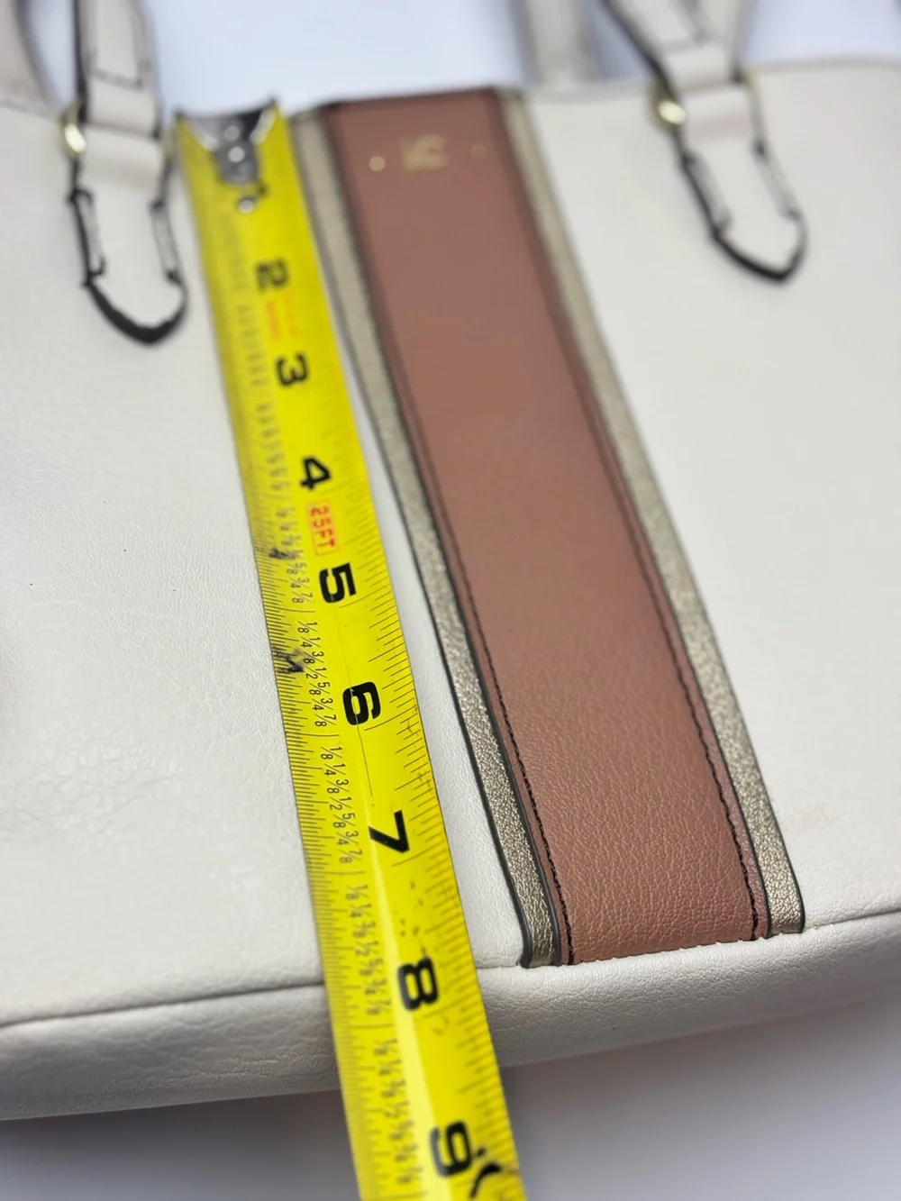 Liz Claiborne Cream Tote with Brown Center Stripe